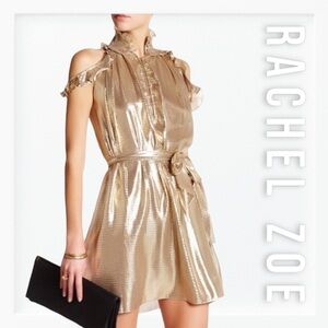 NWT Rachel Zoe Metallic Gold Ruffle High Neck Mini Dress sz 0